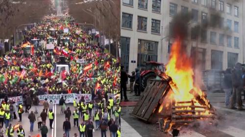 European farmers burn tires, protest at EU ministers meeting: We dont make a living [Video]