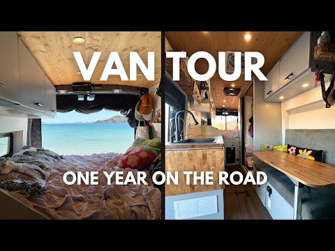VAN TOUR: DIY transit van build for remote work, w/shower & huge kitchen (1 year on the road) [Video]