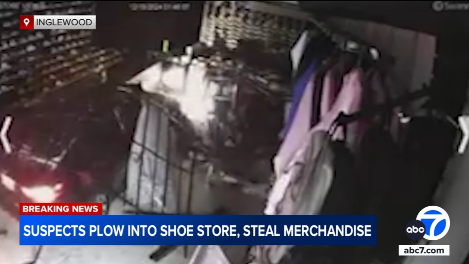 Inglewood shoe store heist caught on video as thieves crash car into business, stealing merchandise