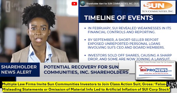 Multiple Law Firms Invite Sun Communities Investors to Join Class Action Suit; Gross: False-Misleading Statements or Omission of Material Info Led to Artificial Inflation of SUI Corp Stock [Video]